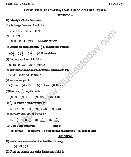cbse-class-6-mathematics-integers-worksheet-set-a